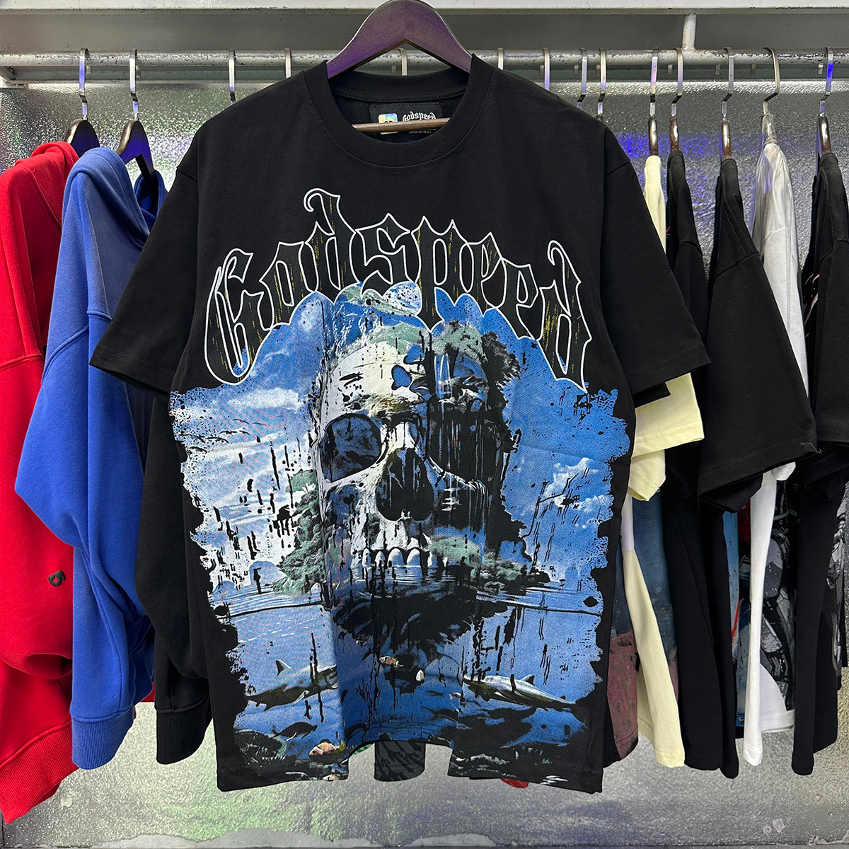 Godspeed T-shirts Skull Landscape Printing Cotton Casual Short Sleeves Men and Women