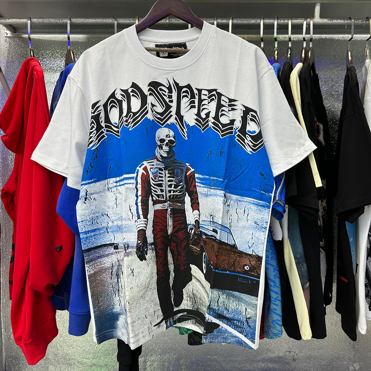 Godspeed T-shirts Sports Car Skull Racer Printed Cotton Casual Short Sleeve Men and Women